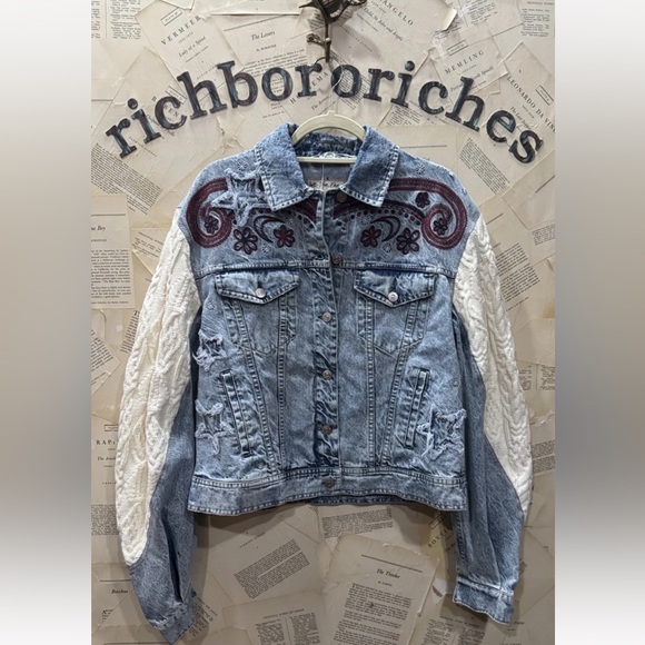 Free People Embroidered Denim Jacket Cable Knit Sleeves Slouchy Applique